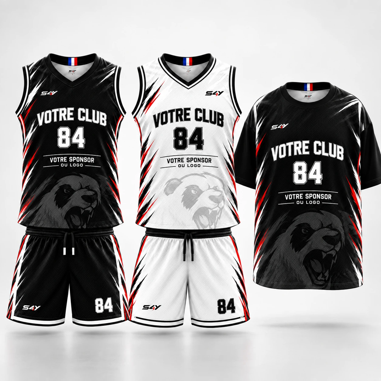 Pack Complet : deux maillots, deux shorts et un sur-maillot personnalisables avec numéro 84