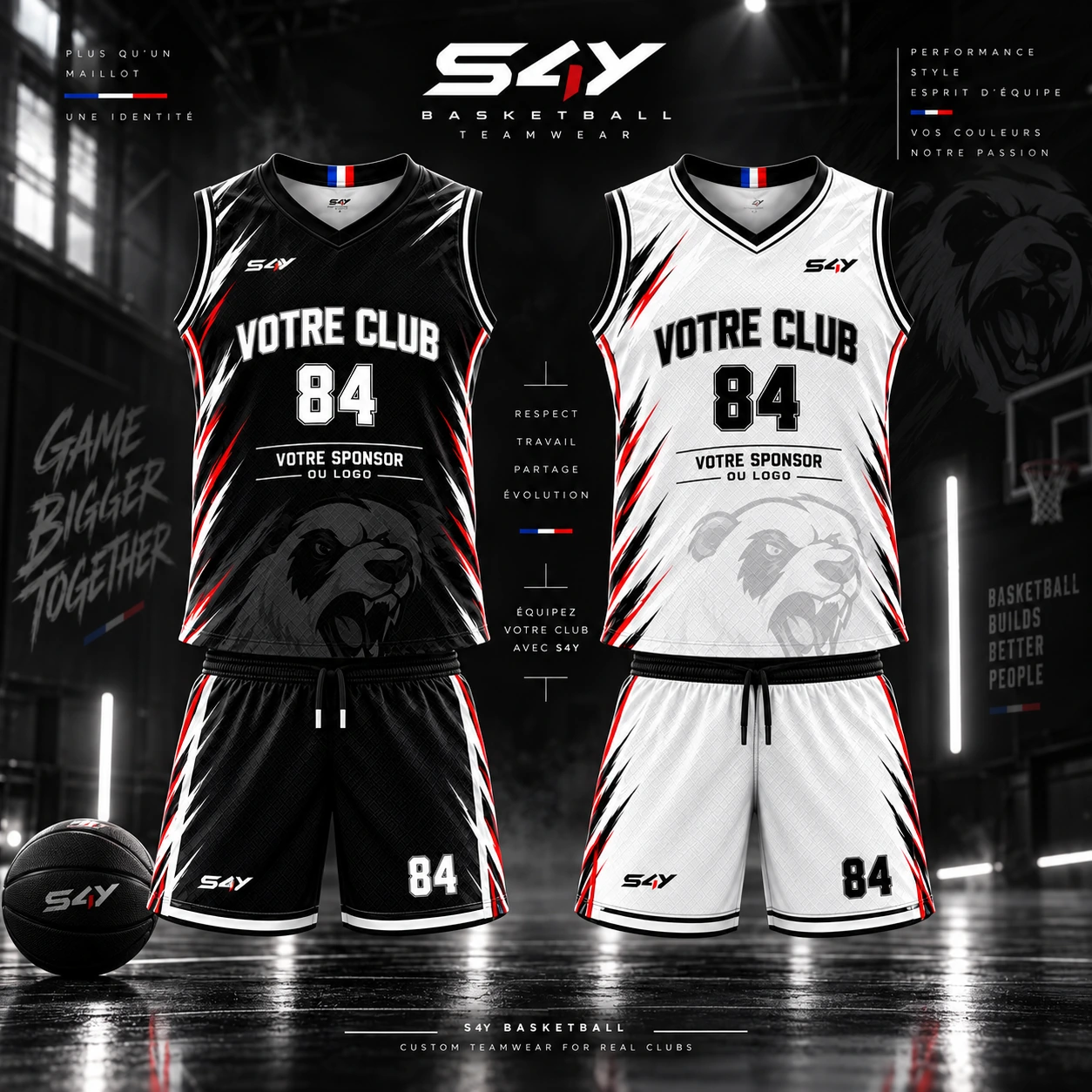 Deux maillots de basketball personnalisables Votre Club, numéros 84 et emplacements sponsor